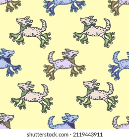 Seamless vintage pattern with funny dogs on roller skates. Vector joyful illustration.