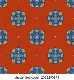 Seamless vintage pattern with geometrical floral motifs. Medieval Gothic illuminated manuscript style. On red background.