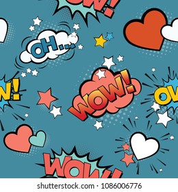 Seamless vintage  pattern for gift wrap and fabric design with pop art signs and comic cartoon bubbles