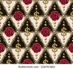 Seamless vintage pattern with gold dollar sign, chains, beads, roses. Geometric rhombus grid. Classic background. Vector illustration