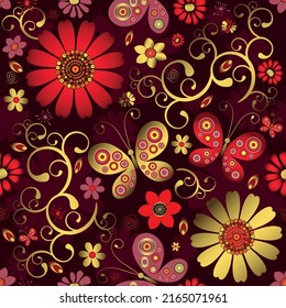 Seamless vintage pattern with golden butterflies and flowers on a purple background. Vector eps 10