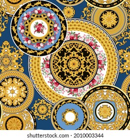 Seamless vintage pattern with golden decorative rosettes