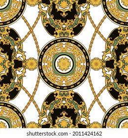 Seamless vintage pattern with golden decorative rosettes