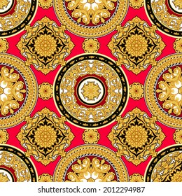 Seamless vintage pattern with golden decorative rosettes