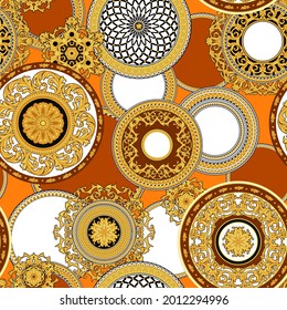 Seamless vintage pattern with golden decorative rosettes