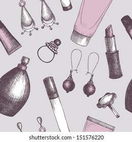 Seamless vintage pattern with graphic cosmetics and jewelry. Vector background with fashion elements.