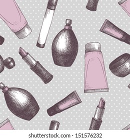 Seamless vintage pattern with graphic cosmetics. Vector background with fashion elements.
