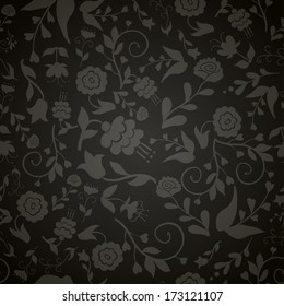 Seamless vintage pattern with gray flowers on a black background