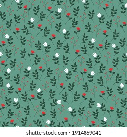 Seamless Vintage Pattern. Green Background. White Flowers And Red Berries . Vector Texture. Print For Textiles And Wallpaper.