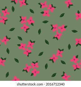 Seamless vintage pattern. green background . wonderful bright pink flowers. green leaves . vector texture. trend print for textiles.