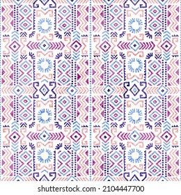 Seamless vintage pattern. Grungy texture. Ethnic and tribal motifs. Blue, white, pink and purple colors. Vector illustration.