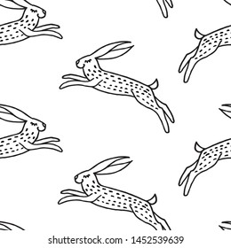 Seamless vintage pattern with hand drawn jumping rabbits. Vector illustration background
