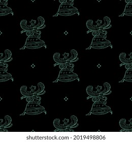 Seamless vintage pattern with hand drawn sketches of winged ancient Greek goddess. Green silhouettes on black background.