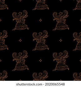 Seamless vintage pattern with hand drawn sketches of winged ancient Greek goddess. Orange silhouettes on black background.