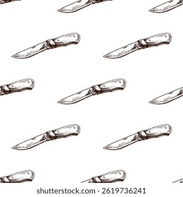 Seamless vintage pattern of hand drawn folding pocket knives, perfect for camping, hiking, outdoor survival themes and rustic adventure designs. Ink sketch illustration in authentic hand drawn style.