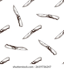 Seamless vintage pattern of hand drawn folding pocket knives, perfect for camping, hiking, outdoor survival themes and rustic adventure designs. Ink sketch illustration in authentic hand drawn style.
