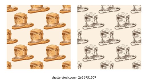 Seamless vintage pattern with hand drawn loaf and baguette in engraving style. Includes both color and monochrome versions. Ideal for bakery packaging, menu backgrounds, wrapping paper.