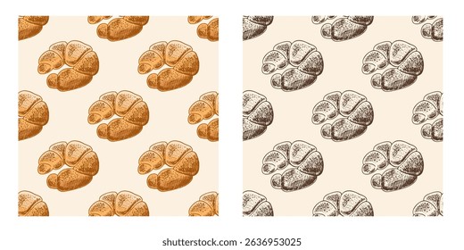 Seamless vintage pattern with hand drawn croissants in engraving style. Colored version on beige background. Perfect for bakery branding, packaging, textile and wrapping paper design.