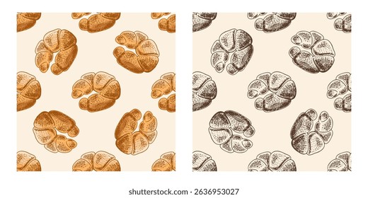 Seamless vintage pattern with hand drawn croissants in engraving style. Colored version on beige background. Perfect for bakery branding, packaging, textile and wrapping paper design.