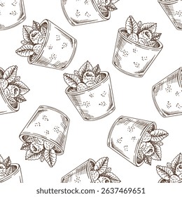 Seamless vintage pattern of hand drawn berry drink with mint in take-away cup. Engraving style sketch in brown ink. Decorative beverage illustration for packaging, textile and wallpaper.