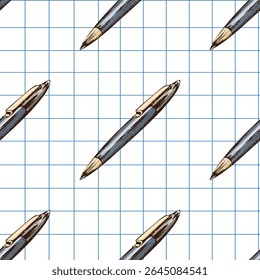 Seamless vintage pattern of hand drawn ballpoint pens in blue and beige color on squared notebook paper. Ideal for school projects, stationery, and educational design.