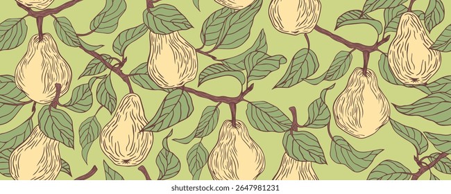 Seamless vintage pattern with hand drawn pears and leaves on green background
