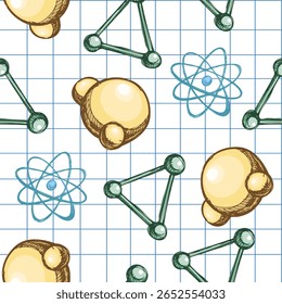 Padrão vintage perfeito com moléculas desenhadas à mão e modelos atômicos em cores. Esboço de ciência e química sobre o fundo do papel gráfico. Ideal para educação, projetos escolares e temas laboratoriais.