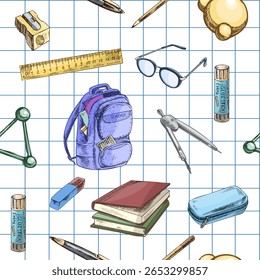 Seamless vintage pattern with hand drawn school items: backpack, books, rulers, pencils, compasses, glue stick. Colored sketch design on squared paper background. Perfect for back-to-school themes.