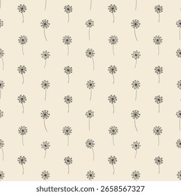 Nahtloses Vintage-Muster mit handgezeichneten Löwenzahnblumen auf cremefarbenem Hintergrund. Zarter cottagecore floraler Hintergrund für Verpackung, Stoff, Textil, Tapete, Scrapbook, Umhüllung.
