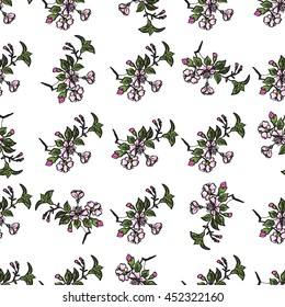 Seamless vintage pattern with hand drawn twig of sakura or cherry- digital artwork . Vector japanese design for textiles, fabric, wallpapers, packaging, paper and your design