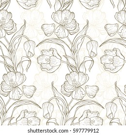 Seamless vintage pattern hand-drawn tulips on a white background. Spring flowers vector illustration. Floral ornament of doodle tulips in zentangle style.
