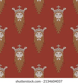Seamless vintage pattern with heads of bearded men in royal crowns. Norse god Woden or Odin. On red background.