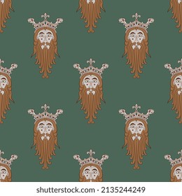 Seamless vintage pattern with heads of bearded men in royal crowns. Norse god Woden or Odin. On green background.