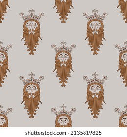 Seamless vintage pattern with heads of bearded men in royal crowns. Norse god Woden or Odin. On white background.