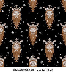 Seamless vintage pattern with heads of bearded men in royal crowns and snowflakes. Norse god Woden or Odin. On black background. Seasonal winter design.