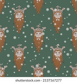 Seamless vintage pattern with heads of bearded men in royal crowns and snowflakes. Norse god Woden or Odin. On green background. Seasonal winter design.