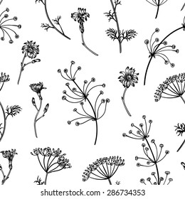 Seamless vintage pattern with herbs and plants. Herbal background.