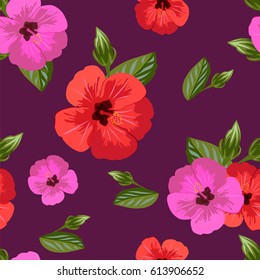 Seamless vintage pattern with hibiscus flowers. Hand-drawn floral background for textile, cover, wallpaper, gift packaging, printing.Romantic design for calico.