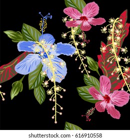 Seamless vintage pattern with hibiscus flowers. Hand-drawn floral background for printing on fabric, clothing, home textiles, wallpaper, gift wrapping. Romantic design.