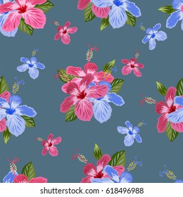 Seamless vintage pattern with hibiscus flowers. Hand-drawn floral background for printing on fabric, clothing, home textiles, wallpaper, gift wrapping. Romantic design.