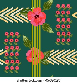 Seamless vintage pattern with hibiscus flowers and stripes. Hand-drawn floral background for textile, cover, wallpaper, gift packaging, printing.Romantic design for calico.