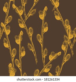 Seamless vintage pattern with ink hand drawn willow tree twigs. Vector brown background.