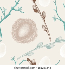 Seamless vintage pattern with ink hand drawn easter illustrations. Vector pastel background.
