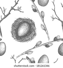 Seamless vintage pattern with ink hand drawn easter illustrations. Vector background.
