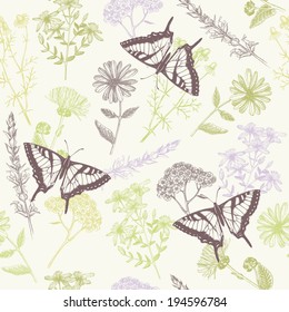 Seamless vintage pattern with ink hand drawn medicinal flowers and butterflies.