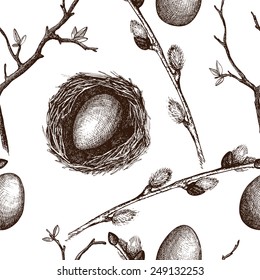 Seamless vintage pattern with ink hand drawn easter illustrations. Vector spring background isolated on white