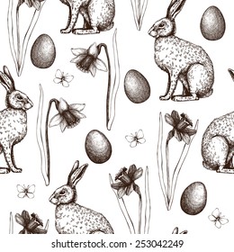 Seamless vintage pattern with ink hand drawn Easter illustrations. Vector background with hare and narcissus flowers sketch.