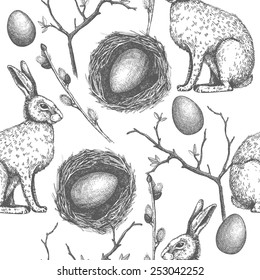 Seamless vintage pattern with ink hand drawn Easter illustrations. Vector background with hare sketch.