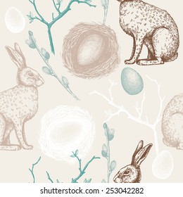 Seamless vintage pattern with ink hand drawn Easter illustrations. Vector background with hare sketch.