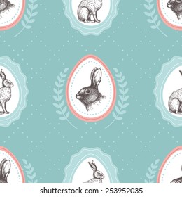 Seamless vintage pattern with ink hand drawn hare illustrations. Vector Easter background.